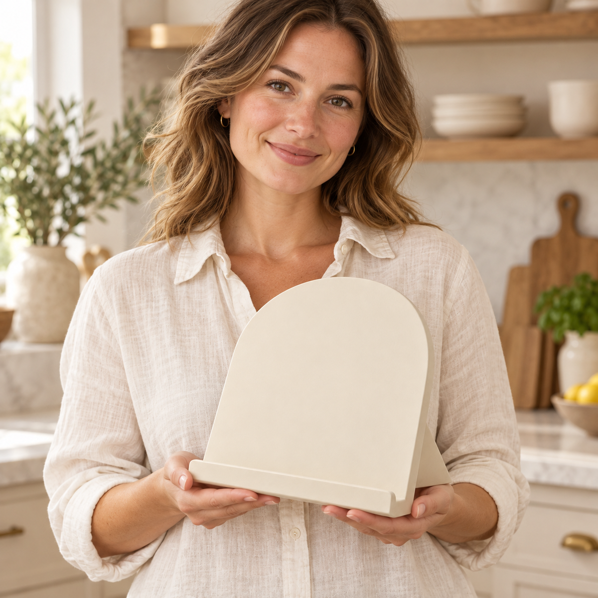 Arched Recipe Book Stand – woman holding stand