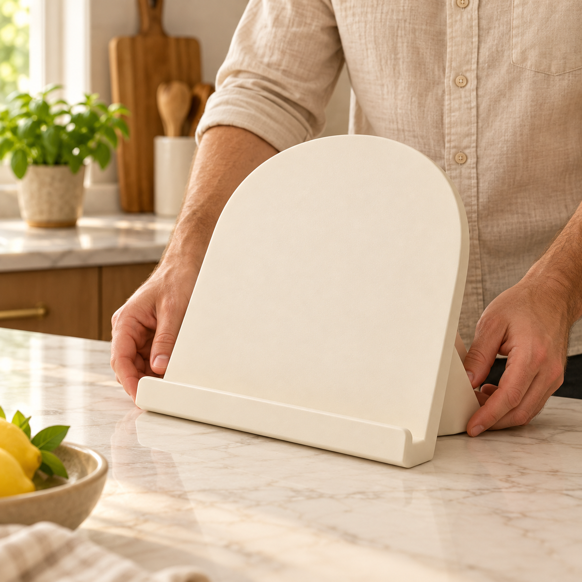 Arched Recipe Book Stand – man placing stand