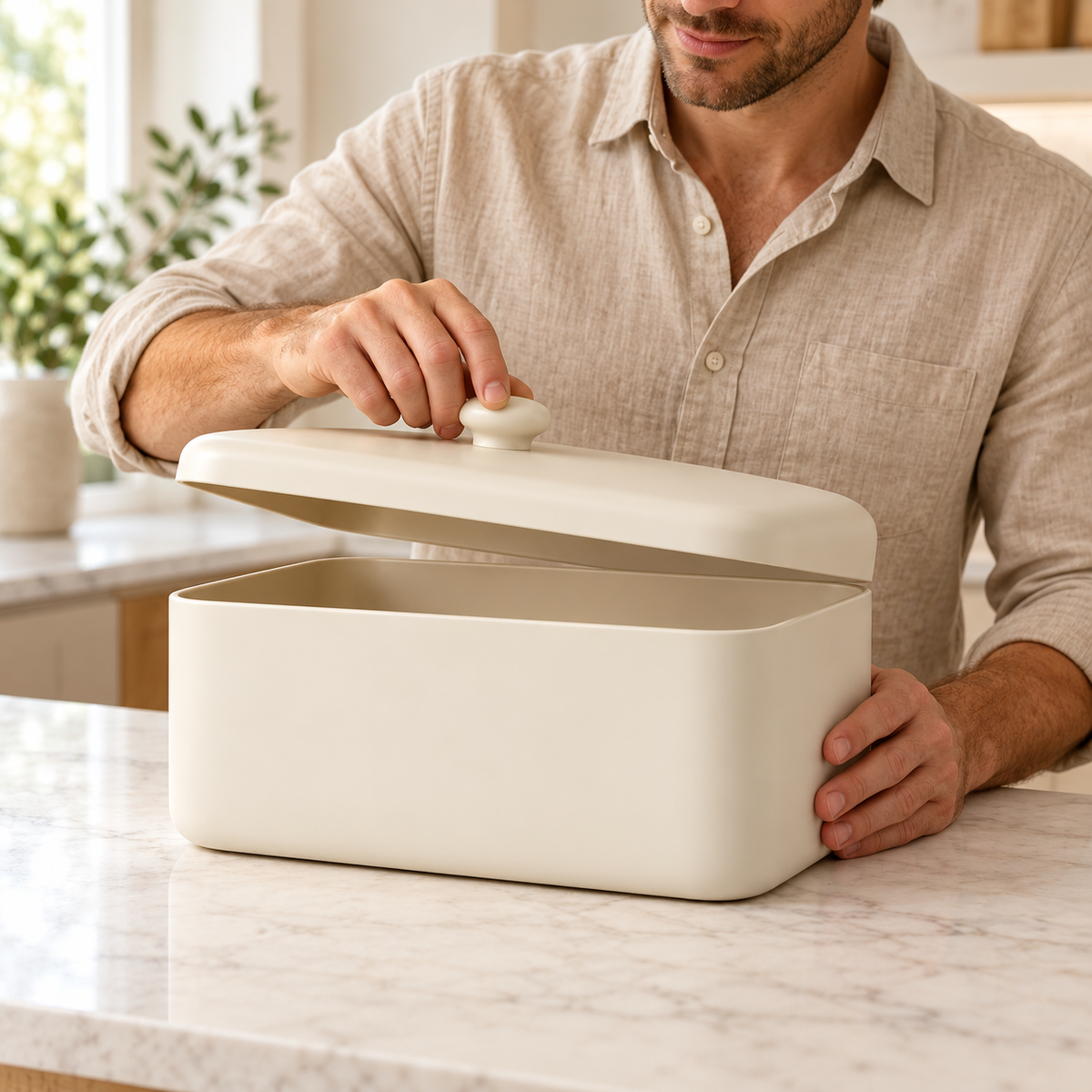 Countertop Bread Box – man opening lid