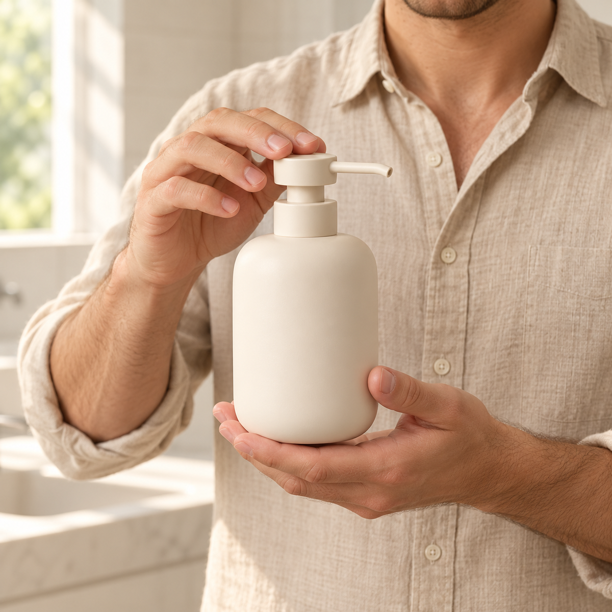 Countertop Soap Dispenser — man holding dispenser