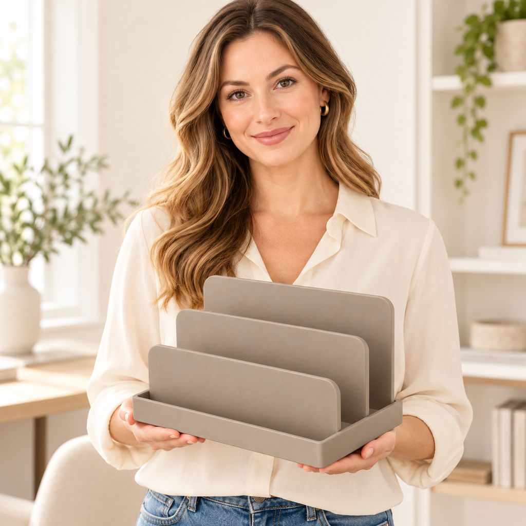 Desktop letter sorter held by adult woman