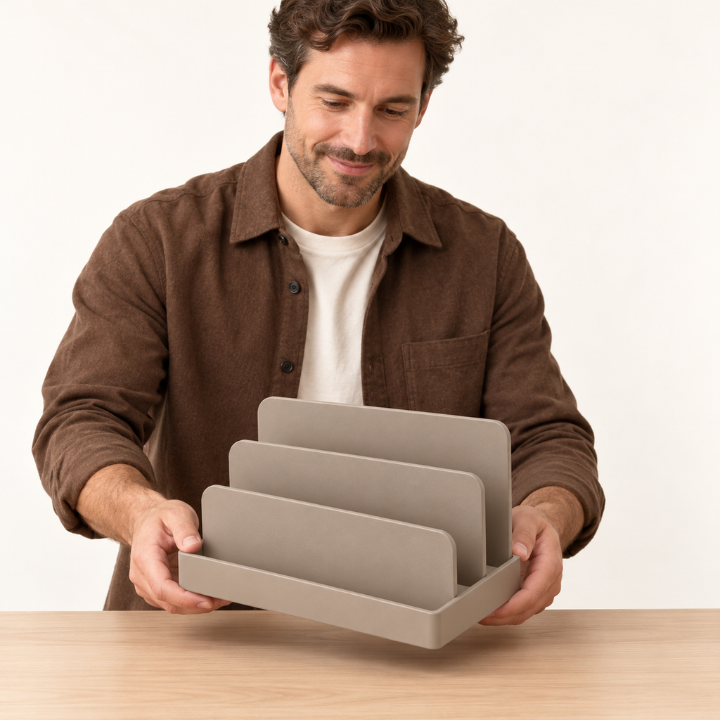Desktop letter sorter held by adult man