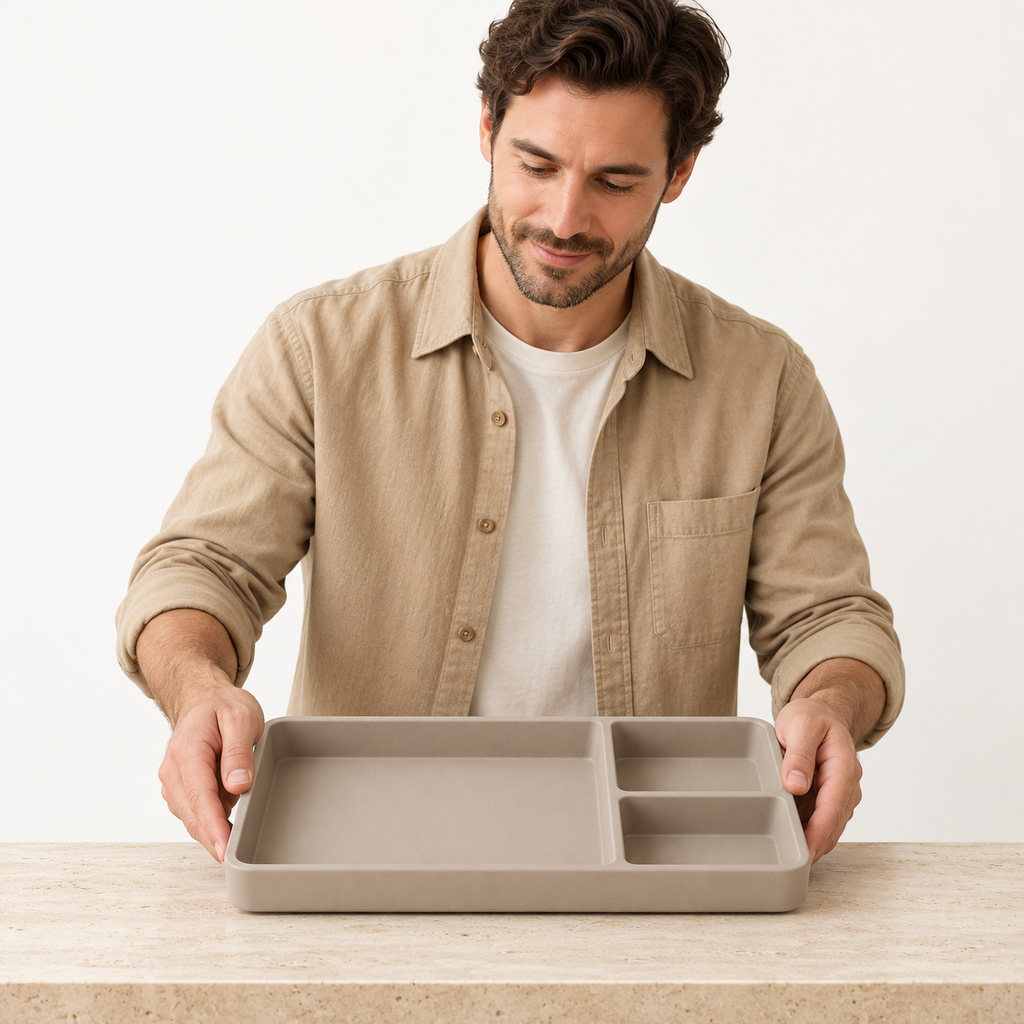 Entryway catchall tray held by adult man