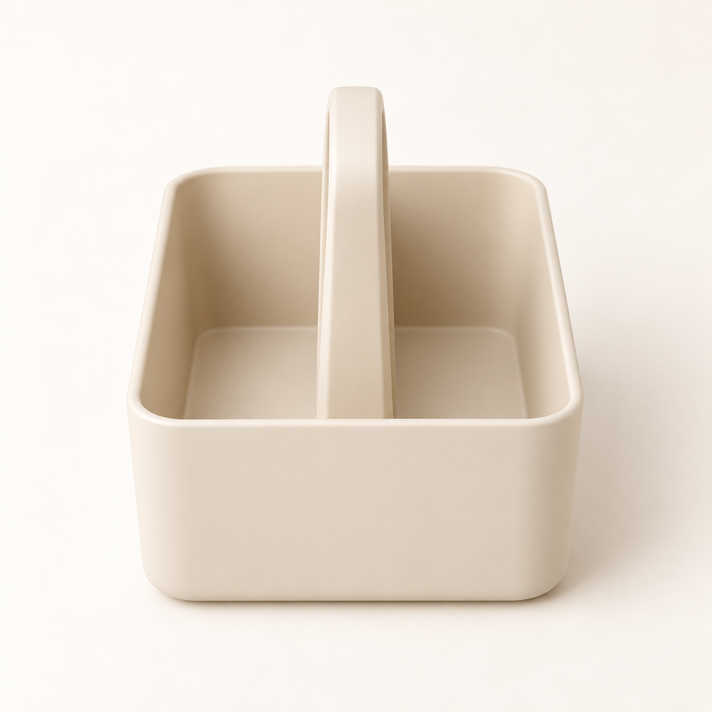 Short-side view of ivory carry caddy