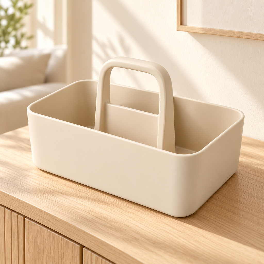 Ivory carry caddy on a household console