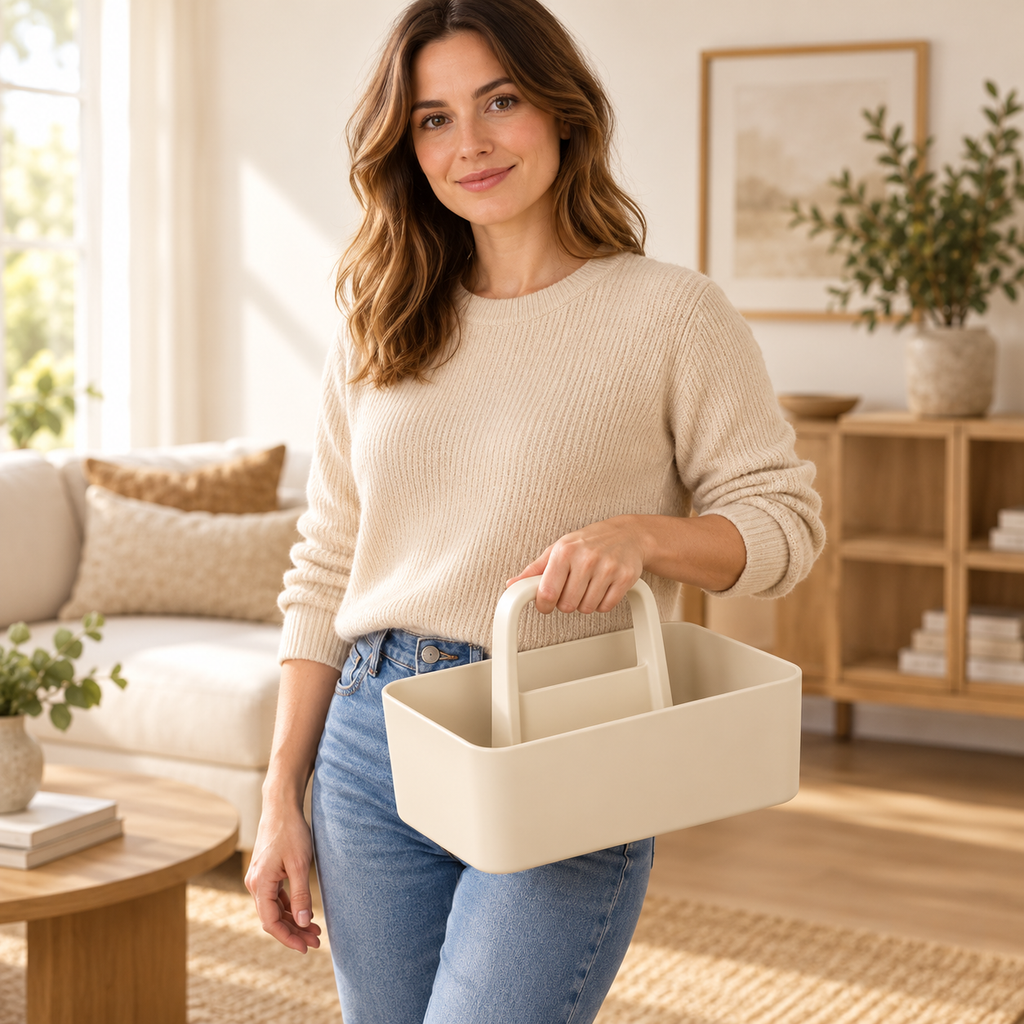 Adult woman holding ivory carry caddy by its handle
