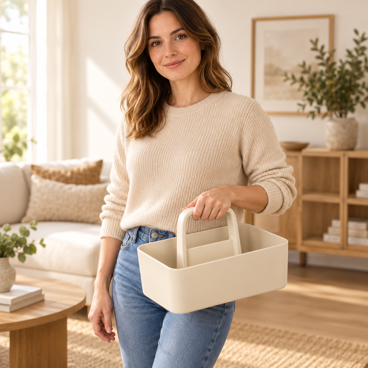 Adult woman holding ivory carry caddy by its handle
