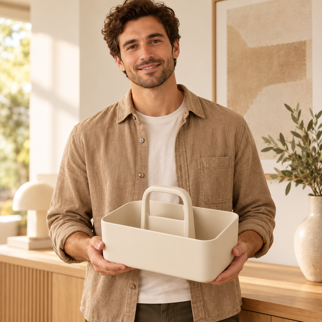 Adult man holding ivory carry caddy with both hands