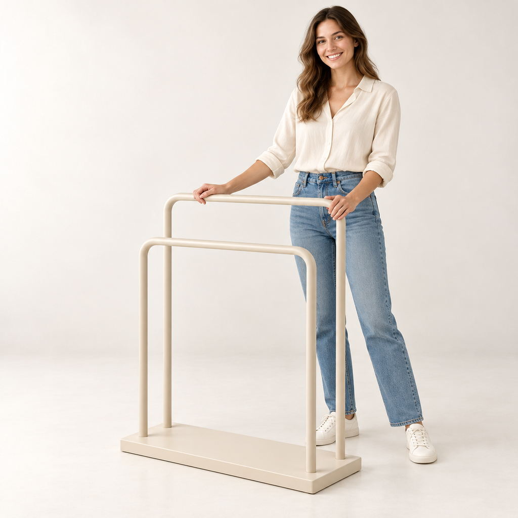 Freestanding Towel Rack — woman holding rack