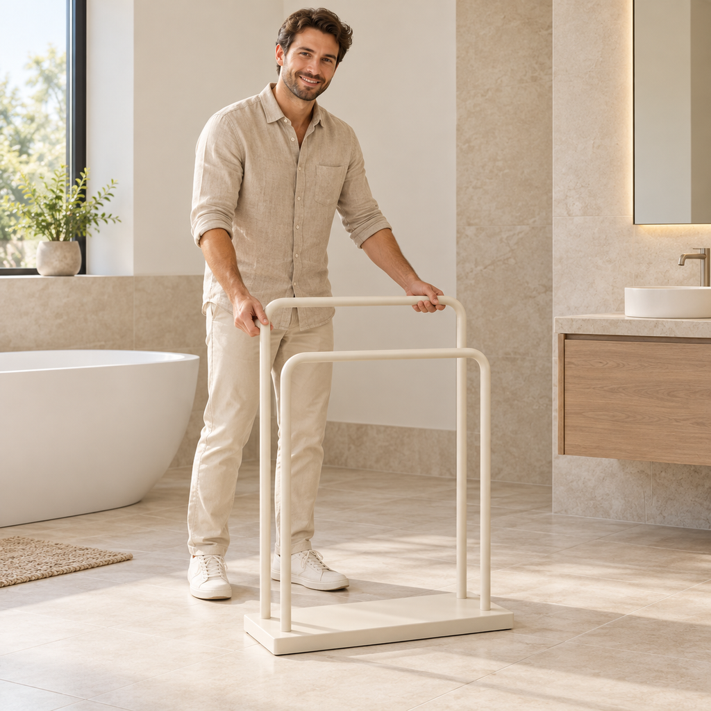 Freestanding Towel Rack — man positioning rack