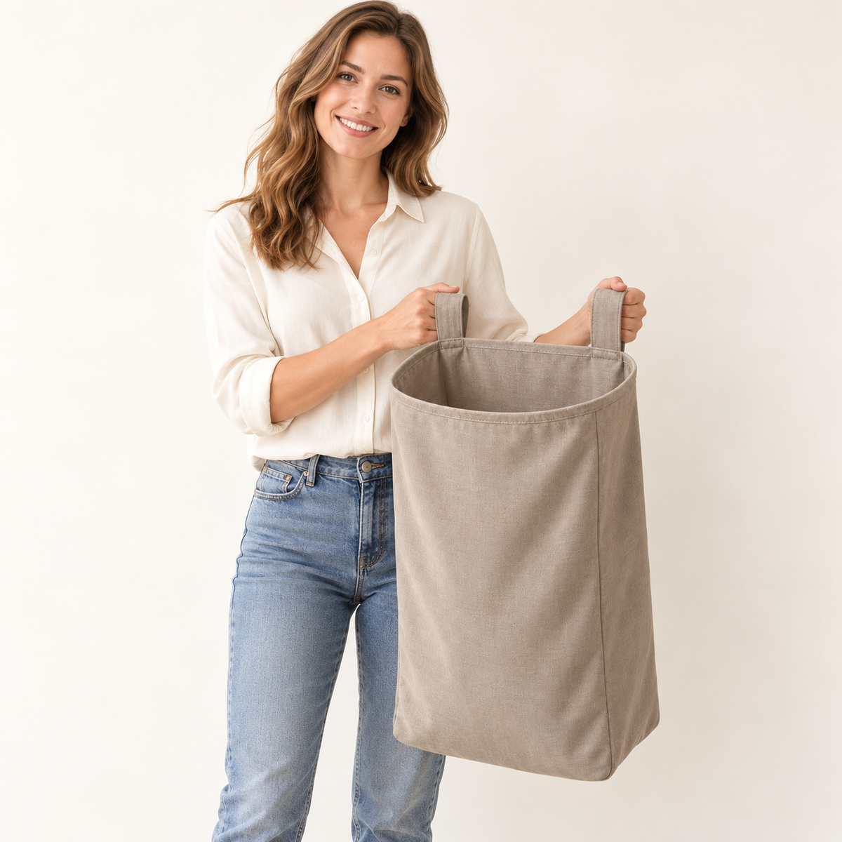 Hanging Laundry Bag — woman holding bag