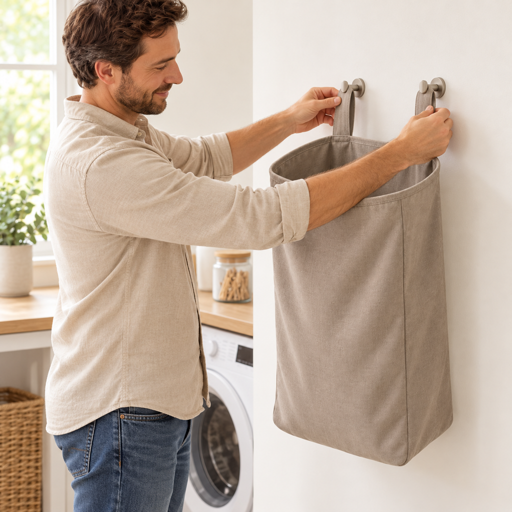 Hanging Laundry Bag — man positioning bag