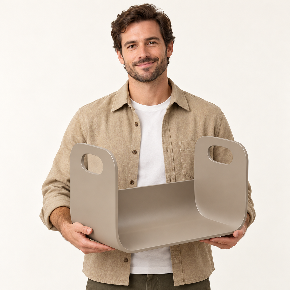 Loop handle magazine rack held by adult man