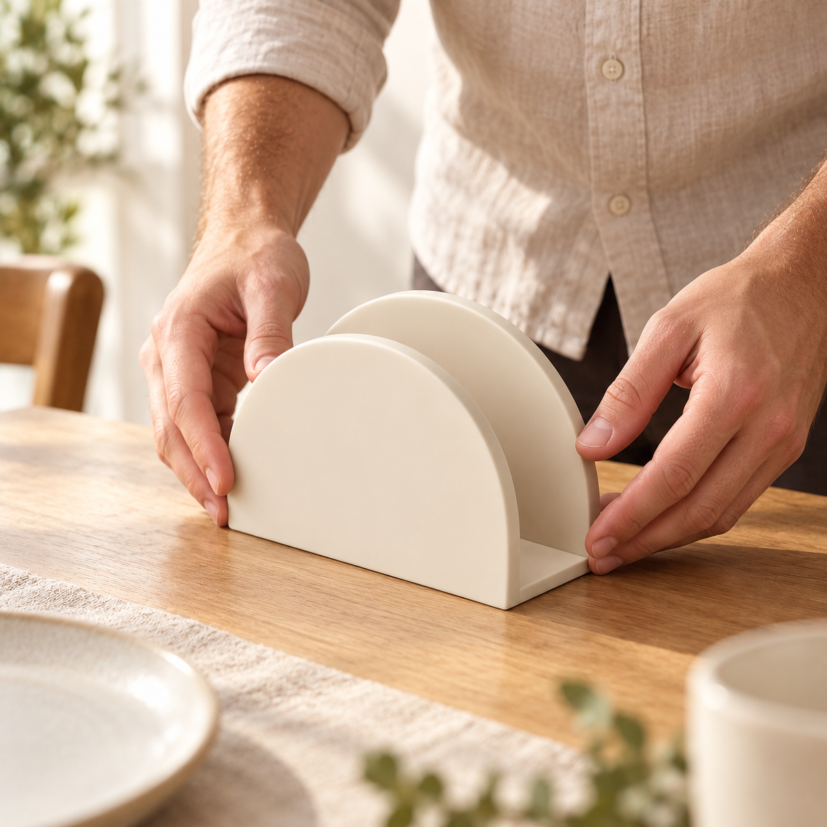 Table Napkin Holder – man placing holder